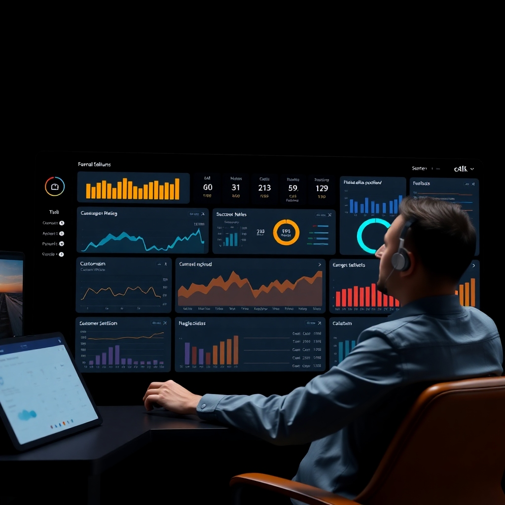A photorealistic image of a sleek dashboard displaying various metrics, including call volume, success rates, and customer sentiment.  The dashboard should use intuitive visualizations like charts and graphs.  The user should appear relaxed and in control of the system, suggesting ease of management. The background should be a dark-toned professional setting.