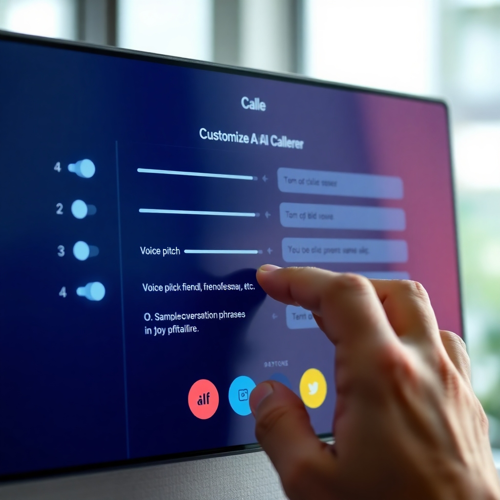 A photorealistic image showing a user adjusting sliders and text fields on a screen to customize an AI caller's voice, tone, and responses.  The image should display various options, such as voice pitch, tone of voice (friendly, professional, etc.), and sample conversational phrases.  The screen should be bright and user-friendly.