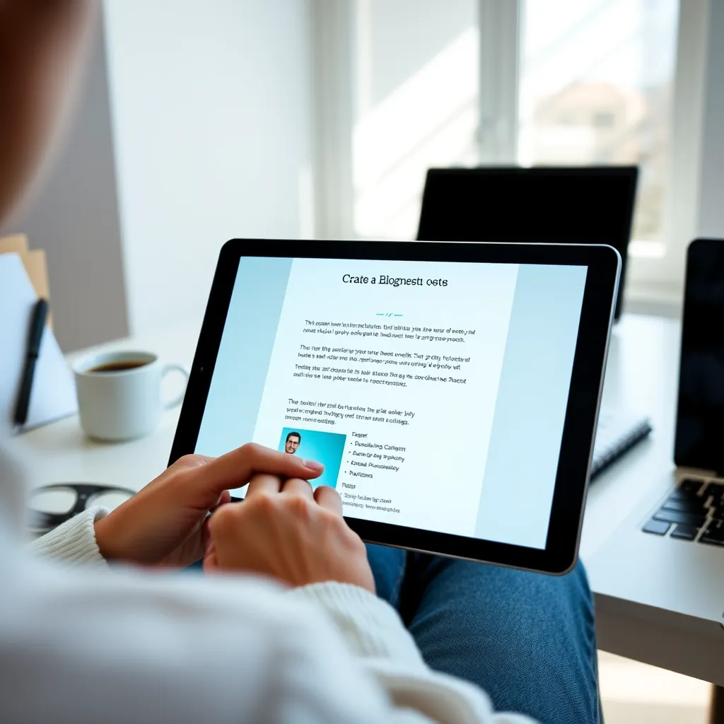 A bright and airy studio setting with a person using a tablet to create a blog post about a product. The person is sitting at a desk with a laptop, a notepad, and a cup of coffee. The tablet screen should display the blog post in progress with a clear, engaging visual layout. The lighting should be soft and natural, emphasizing the details of the office supplies and the person's attire. The image should have a minimalist and contemporary aesthetic, focusing on the creative process and the use of technology in content creation.