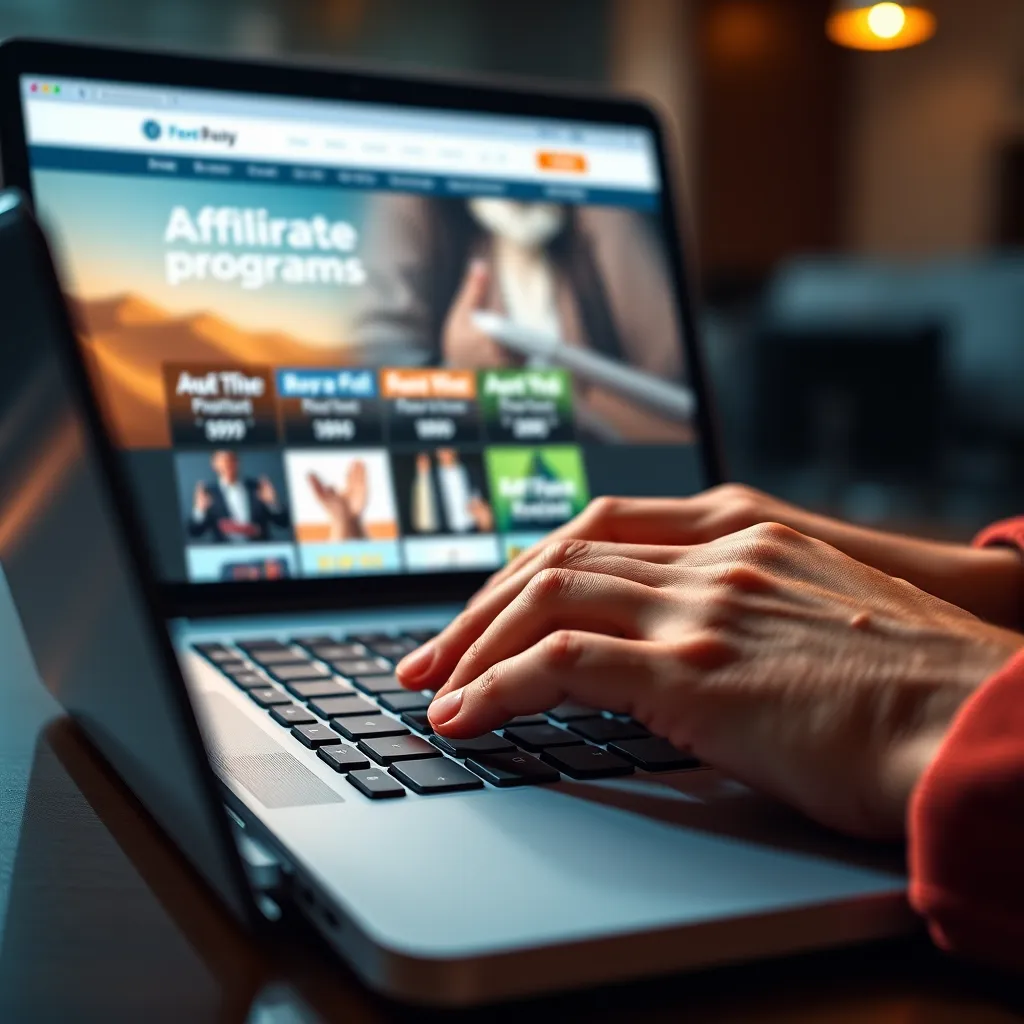A close-up shot of hands typing on a laptop keyboard, with the screen displaying a website showcasing various affiliate programs. The keyboard should be backlit, with warm, inviting light emanating from the screen. The background should be blurred, focusing on the hands and the laptop. The image should have a soft, vibrant color palette and be rendered in hyperrealistic detail, emphasizing the smooth, glossy texture of the laptop and keyboard.