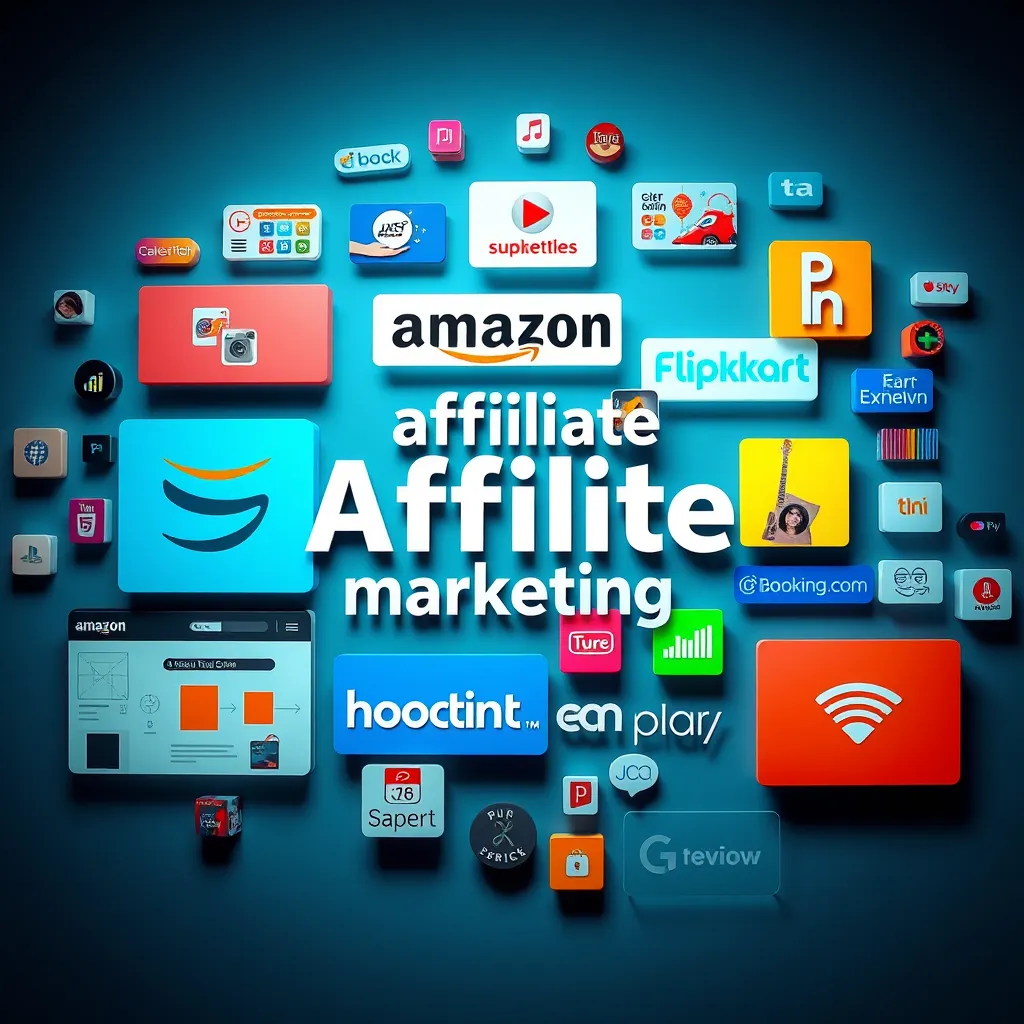 A collage of various popular affiliate marketing platforms, like Amazon, Flipkart, Booking.com, and others, showcasing a diverse range of products and services. The image should be visually appealing, with a vibrant color palette and clear visuals of the platforms.