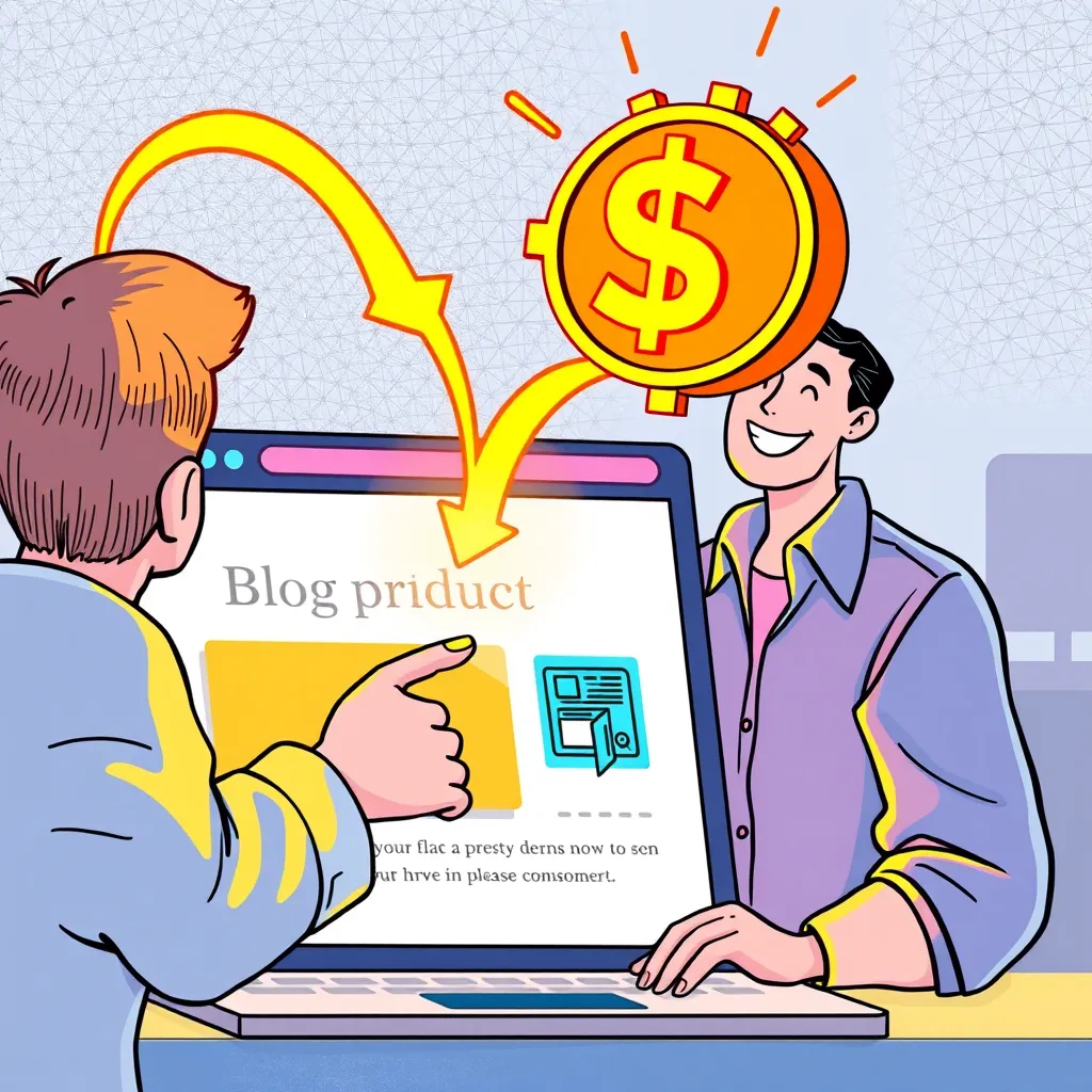 A colorful, modern illustration depicting a website with a blog post about a new product. The website owner is pointing to a link to the product, which is highlighted with a glowing arrow. Above the website, a commission symbol with dollar signs is flying out, symbolizing earnings. In the background, a happy customer is using the product with a satisfied smile.