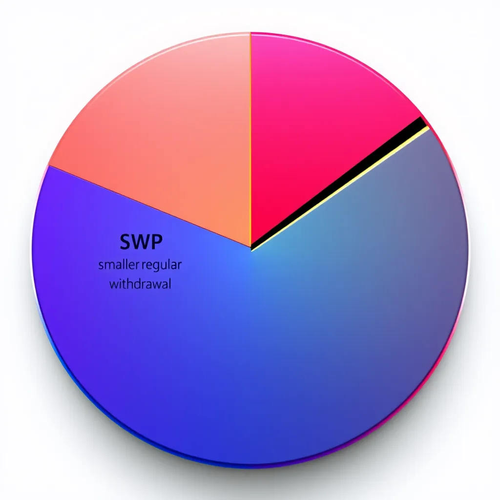 A colorful pie chart divided into sections representing different tax brackets. One section representing a smaller, regular withdrawal from SWP is highlighted, while the other representing a large lump sum withdrawal is shaded in a darker tone, suggesting a higher tax burden.