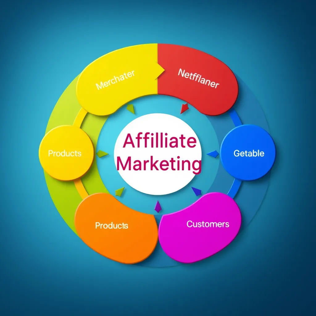 A diagram showcasing the affiliate marketing ecosystem.  Different colored circles represent the merchant, affiliate, network, and customer. Arrows indicate the flow of information, products, and commissions between each player. Use vibrant colors and clear labels for each element to make it visually engaging and easy to understand.