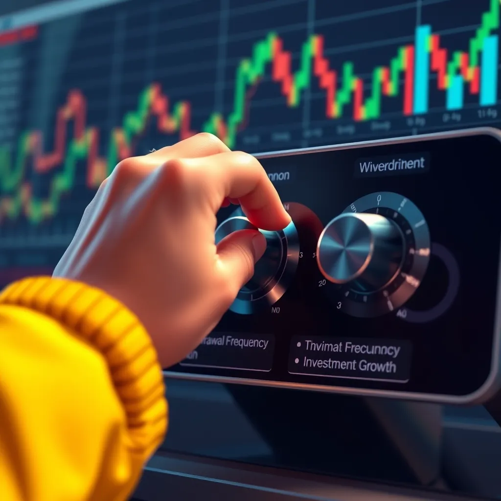 A digital illustration of a hand adjusting a control panel with levers and dials labeled 'Withdrawal Frequency', 'Withdrawal Amount', and 'Investment Growth'. The background could show a colorful chart symbolizing market fluctuations. The image should convey a sense of personalized control and flexibility.