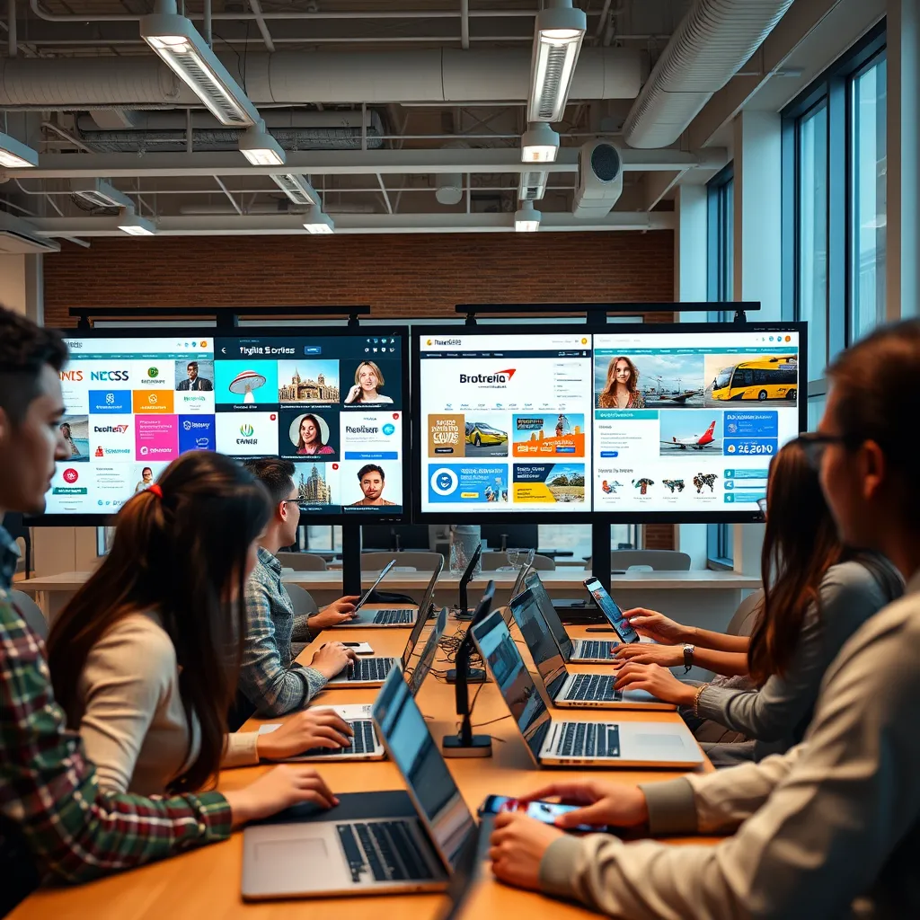 A diverse group of people, including students, professionals, and homemakers, are working on laptops and mobile devices in a bright and modern office setting. On the screens, various popular e-commerce platforms, digital services, and travel booking websites are displayed, representing the diverse earning opportunities in affiliate marketing.