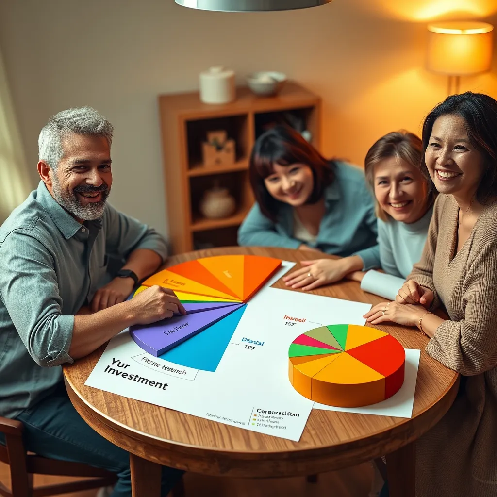 A family sitting around a table with a large, colorful pie chart representing their investments and a smaller pie chart depicting the regular income stream from their investments, with the family members smiling and enjoying their financial security.