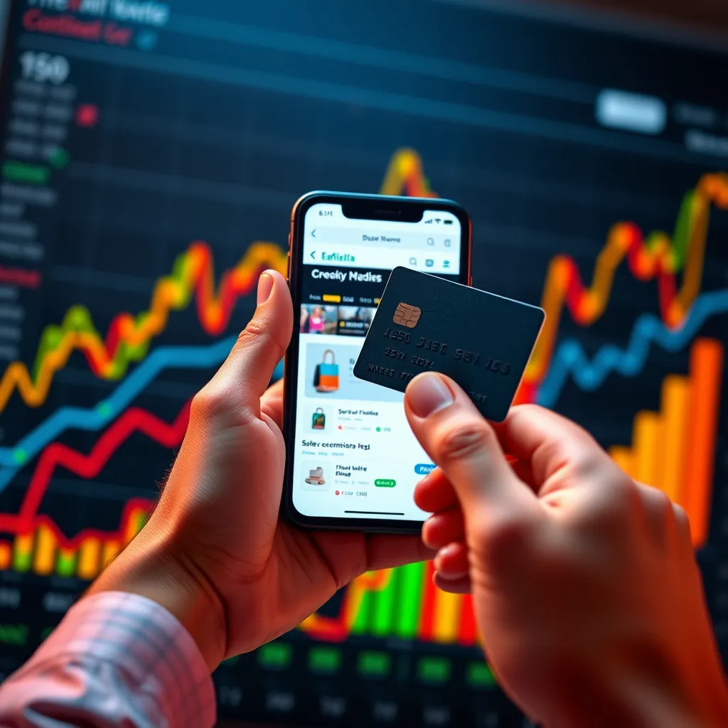 A hand holding a smartphone showing a website with a product, and a hand holding a credit card about to tap it on the phone screen. In the background, there are colorful charts and graphs representing sales and commissions. The overall tone should be vibrant and positive, highlighting the ease of affiliate marketing.