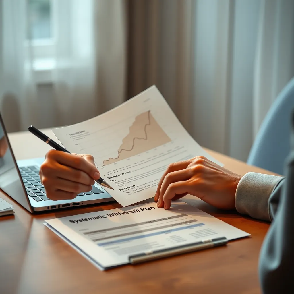 A person sitting at a desk, reviewing financial documents and using a laptop with a graph depicting a steady upward trend, while holding a pen and highlighting a section on a document that says 'Systematic Withdrawal Plan'