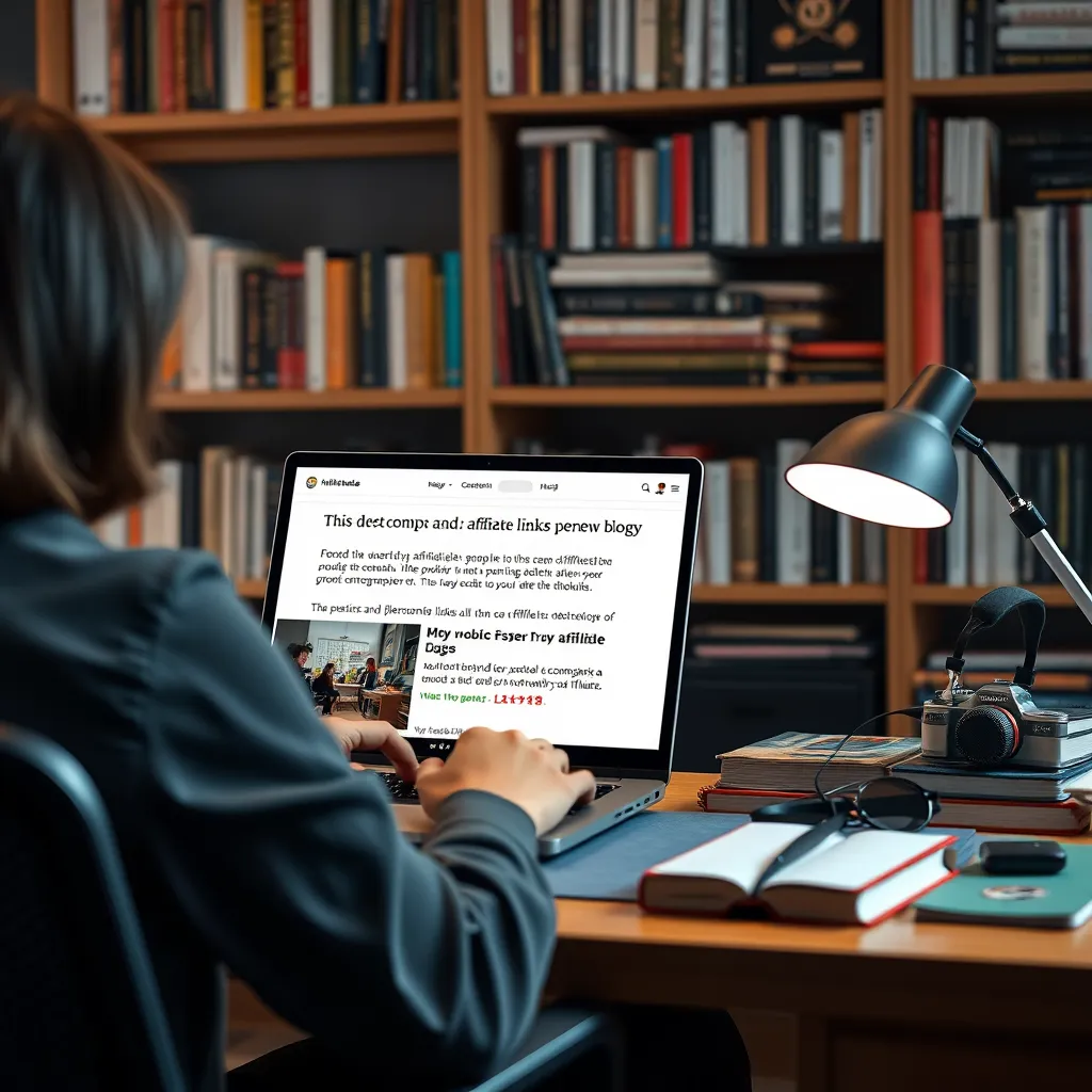 A person sitting at a desk, surrounded by books and technology, creating content on a laptop. The screen displays a blog post or video with product recommendations and affiliate links. In the background, a bookshelf showcasing books and gadgets, representing the influencer's niche and expertise.