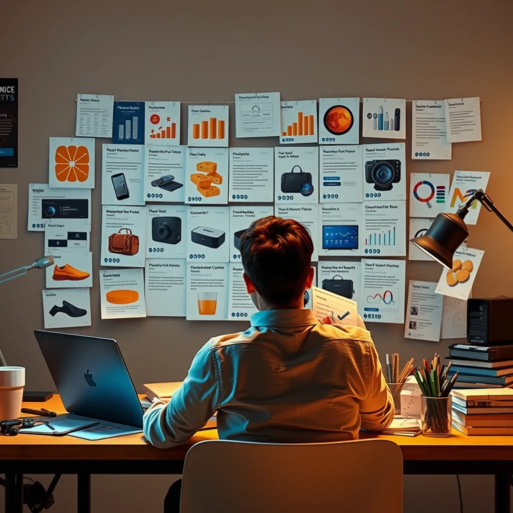 A person sitting at a desk with a laptop, researching various products and services on a website. They are surrounded by different product categories and reviews, highlighting the importance of choosing the right niche and products. The image should convey a sense of exploration and decision-making.