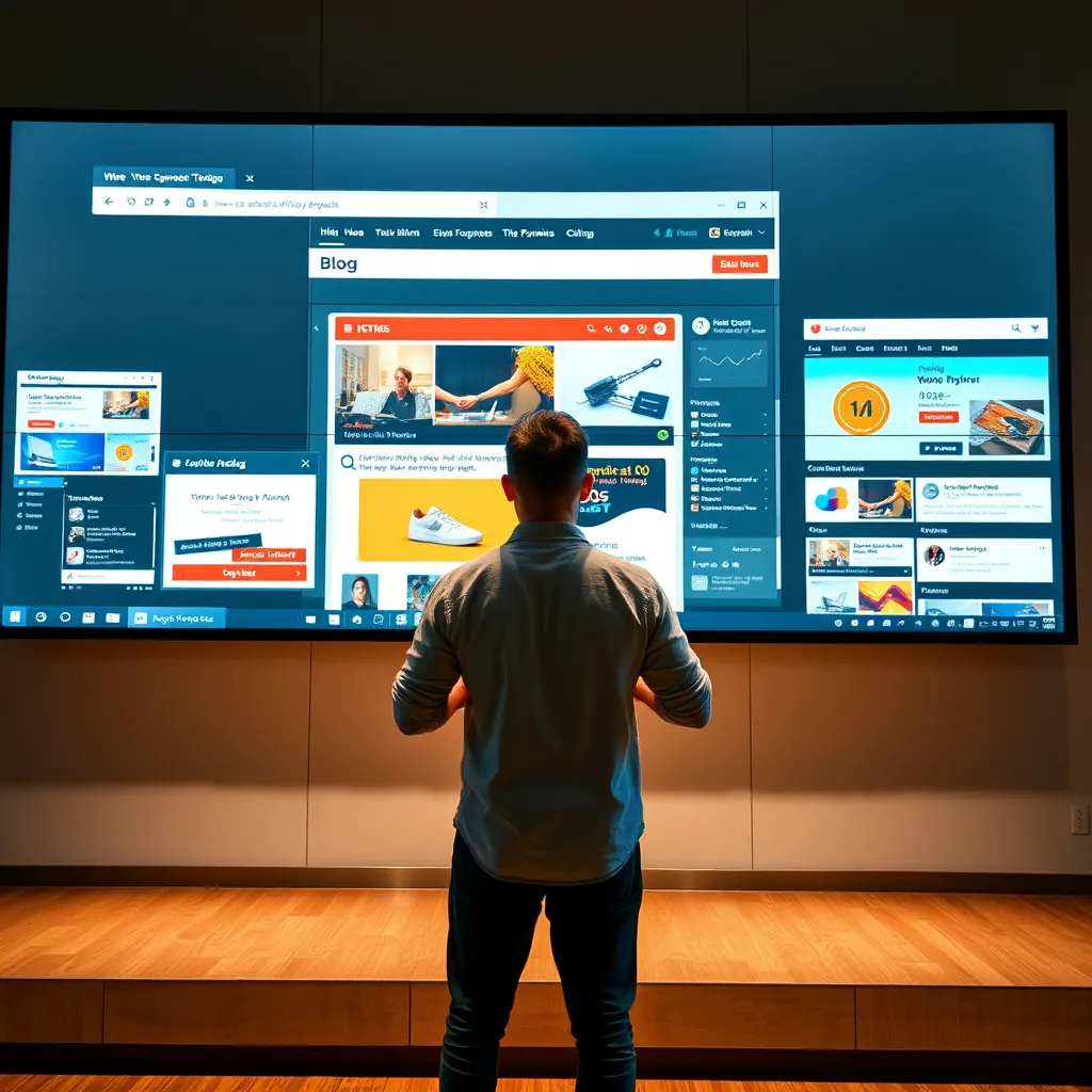 A person standing in front of a large screen showcasing a website, blog, and social media platforms. They are holding a laptop and promoting a product through various channels, emphasizing the multi-faceted nature of building a platform and promoting affiliate products. The image should be dynamic and depict the interconnectedness of different online platforms.