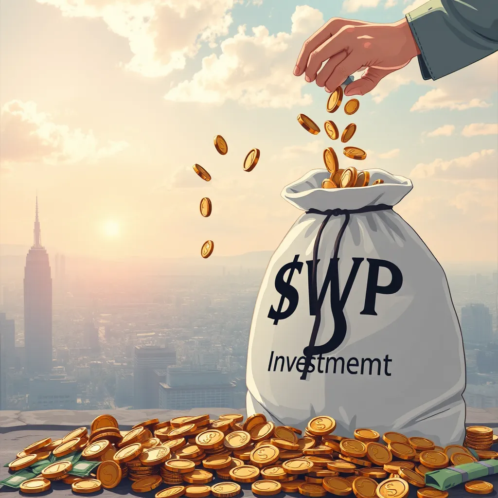 A photorealistic illustration depicting a person receiving a regular income stream from a large, overflowing money bag. The money bag is labeled 'SWP Investment' and the stream of coins represents regular withdrawals. The background could show a tranquil financial landscape like a cityscape with a sunny sky.