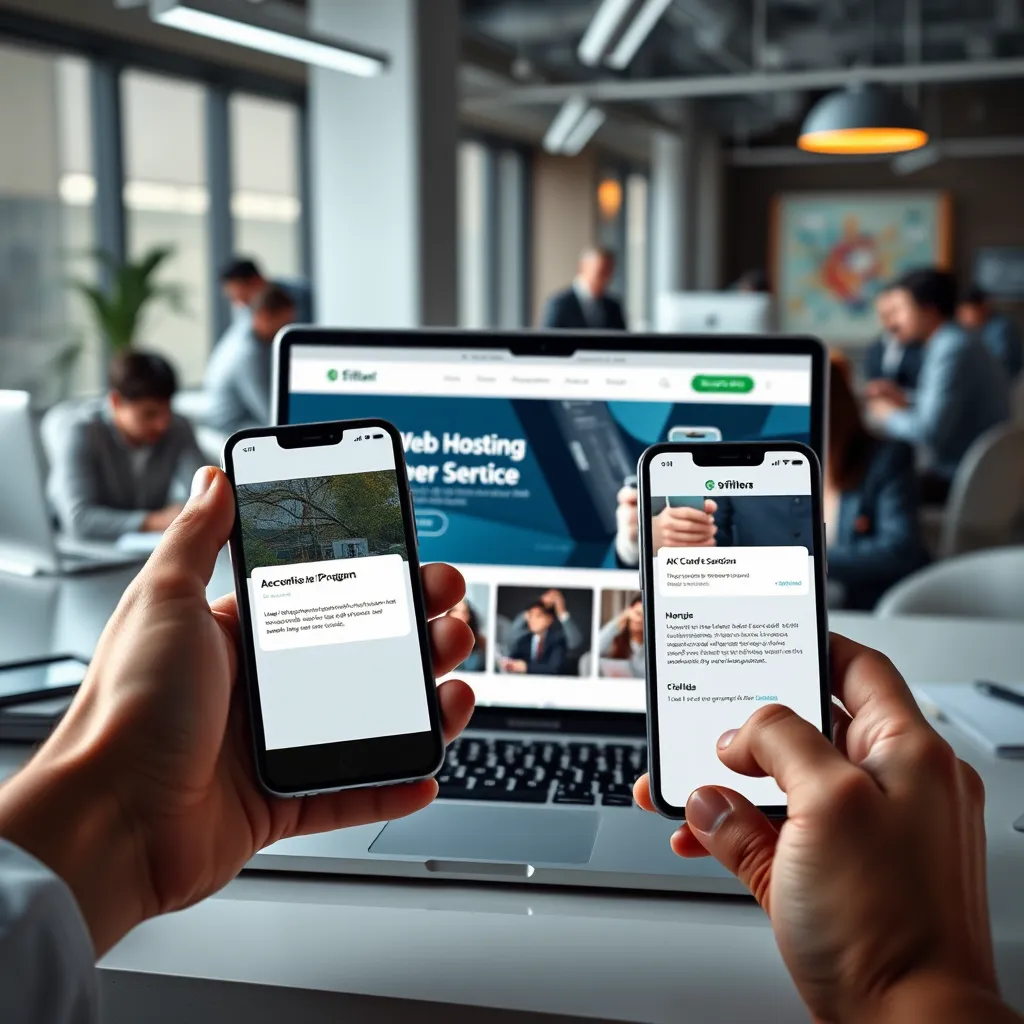 A photorealistic image depicting a laptop screen displaying a website promoting web hosting services, with a person holding a phone showing a commission notification from an affiliate program. The background should feature a modern office setting with a digital marketing team working on projects. The image should convey the idea of promoting digital services and earning affiliate commissions.