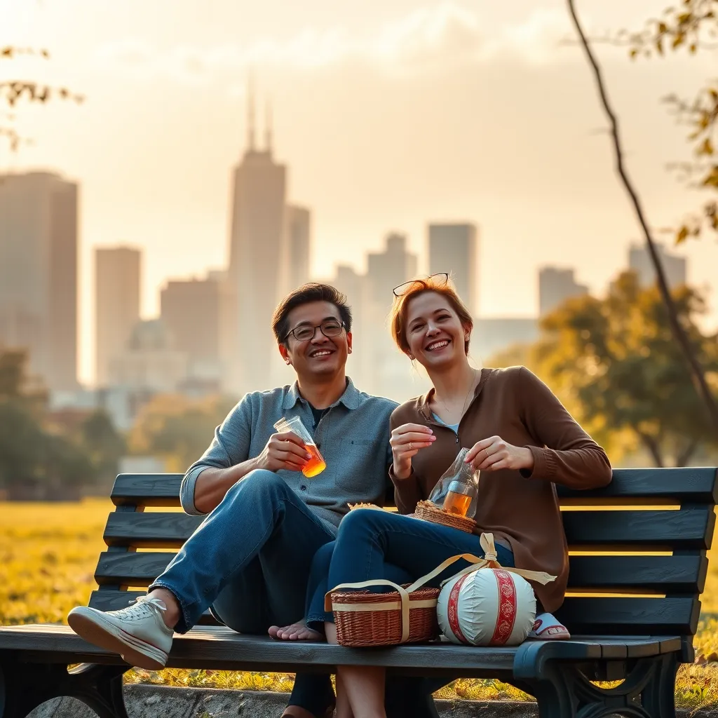 A photorealistic image of a couple sitting on a park bench, enjoying a picnic lunch. In the background, a cityscape with modern skyscrapers is visible. The couple is smiling and relaxed, representing financial freedom and security. The image should capture the joy and contentment that comes with having a reliable source of income through SWP. The scene is bathed in soft, warm sunlight, creating a serene and idyllic atmosphere. The image should be ultra-detailed and rendered in 8K resolution with a high dynamic range, highlighting the contrast between the light and shadows.