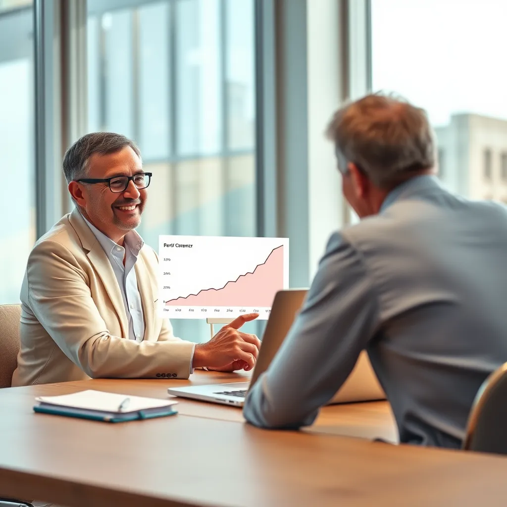 A photorealistic image of a financial advisor sitting at a desk, using a laptop with a graph showing a steady upward trend. The advisor is smiling and pointing to the graph, explaining a personalized SWP plan to a client who is sitting across from them. The scene is set in a modern, well-lit office with natural light streaming in through large windows. The image should convey a sense of trust, expertise, and confidence. The style should be similar to a high-quality marketing image for a financial services company. The image should be ultra-detailed and rendered in 8K resolution with soft lighting and warm color tones to create a welcoming and professional atmosphere.