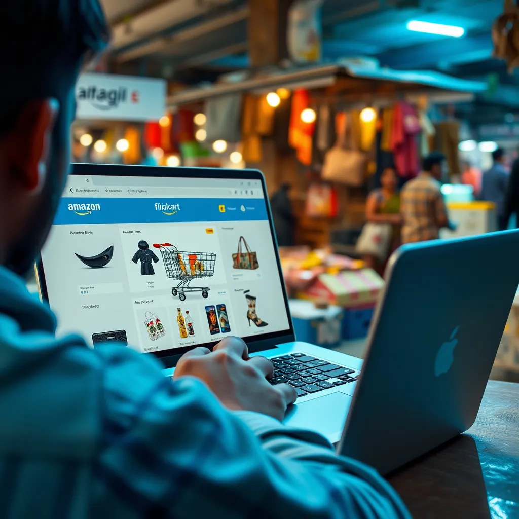 A photorealistic image of a person using a laptop to browse products on Amazon and Flipkart, with a phone displaying a shopping cart filled with items. The background should depict a bustling Indian marketplace with vendors selling various products. The image should convey a sense of online shopping and earning through affiliate marketing.
