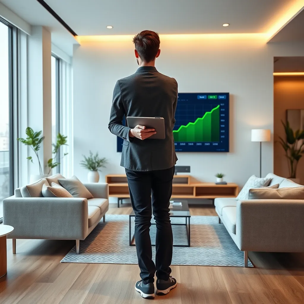 A photorealistic image of a young professional standing in a modern, minimalist living room, looking confidently at a large screen displaying a financial dashboard with a green upward trend line. The room is filled with modern furniture and natural light, creating a sense of wealth and success. The professional is holding a tablet, showcasing the SWP plan's performance. The image should convey the security and peace of mind that comes with preserving capital while generating income. The scene is lit with soft, diffused lighting, creating a calming and optimistic atmosphere. The image should be ultra-detailed and rendered in 8K resolution with a cinematic aspect ratio, capturing the detail and realism of the environment.