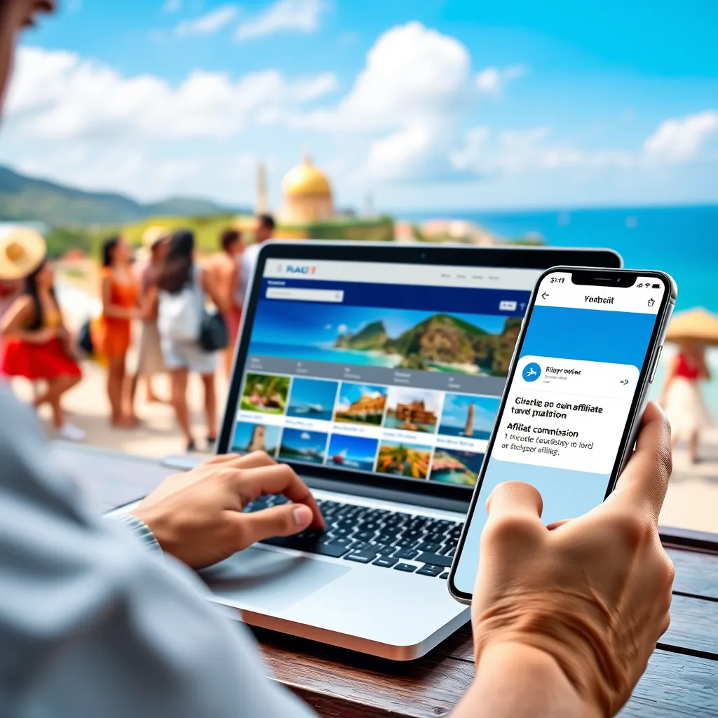 A photorealistic image showcasing a person using a laptop to research different travel destinations on a travel booking platform, with a phone showing a notification of an affiliate commission earned on a flight booking. The background should be a vibrant and scenic travel destination with a diverse group of people enjoying their vacation. The image should emphasize the opportunity to earn commissions through niche-specific affiliate marketing.