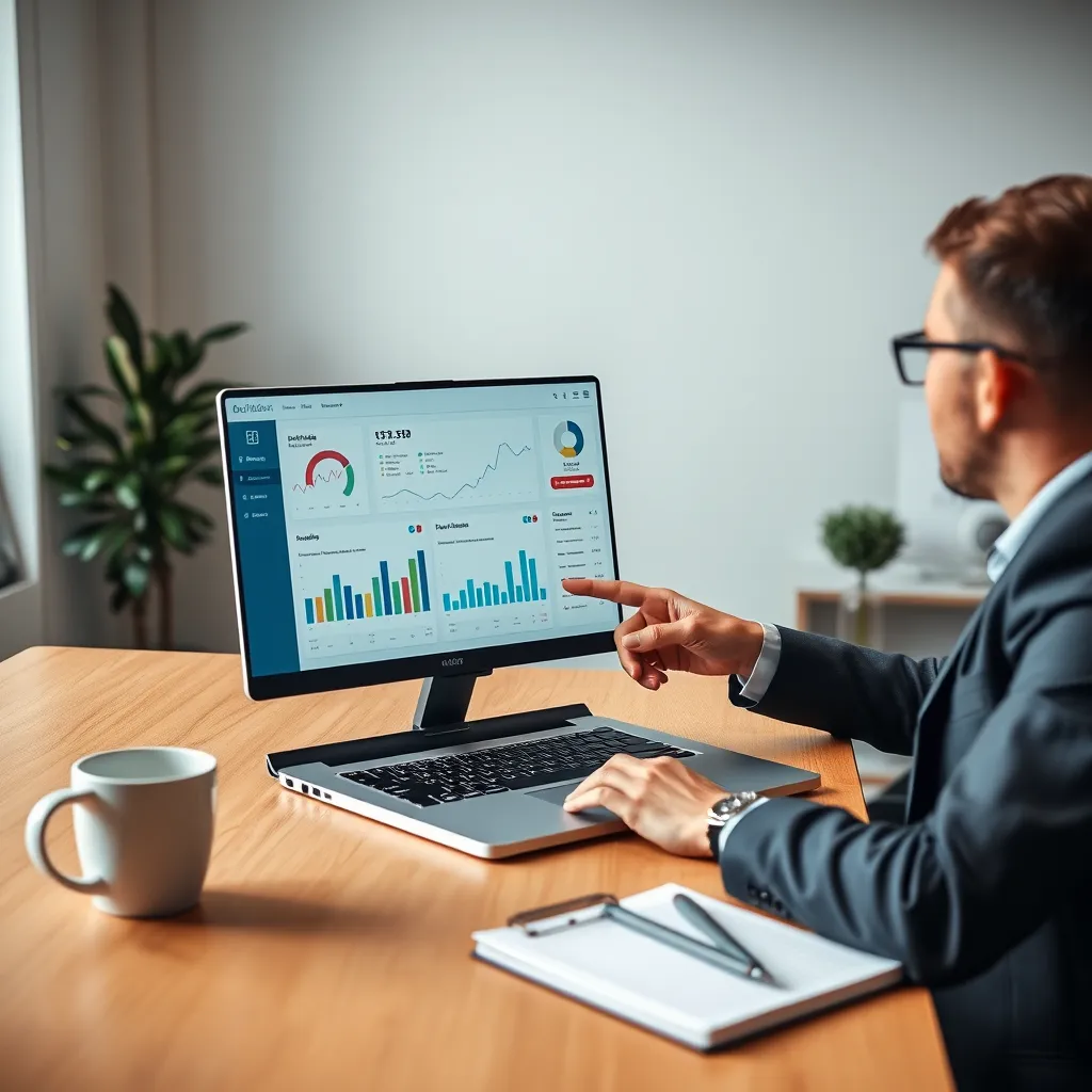 A professional-looking office setting with a laptop open displaying an affiliate marketing dashboard, charts, and graphs. A person wearing business attire is sitting at the desk, pointing at the screen and explaining something to another person. The lighting should be soft and natural, with a warm color palette. The image should have a clean, modern aesthetic and be in ultra-high resolution, capturing every detail. Include a coffee cup and a notepad with handwritten notes on the desk, suggesting a focused and productive atmosphere.
