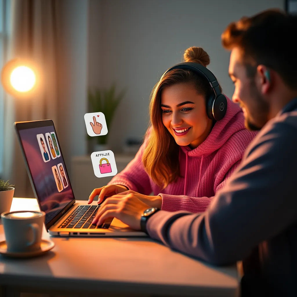 A social media influencer creating content on a laptop, showcasing different affiliate products and services. The image should be visually engaging, with a modern aesthetic, highlighting the integration of affiliate marketing within their content.