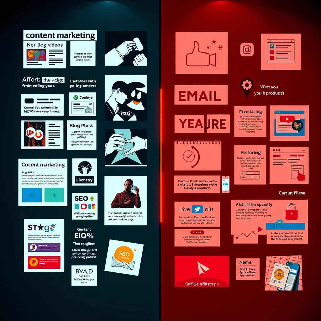 A split-screen image. One side showcases various content marketing strategies, like blog posts, videos, and social media content, with links to products. The other side shows different email marketing campaigns, SEO optimization techniques, and social media promotions, all emphasizing the promotion of affiliate products.