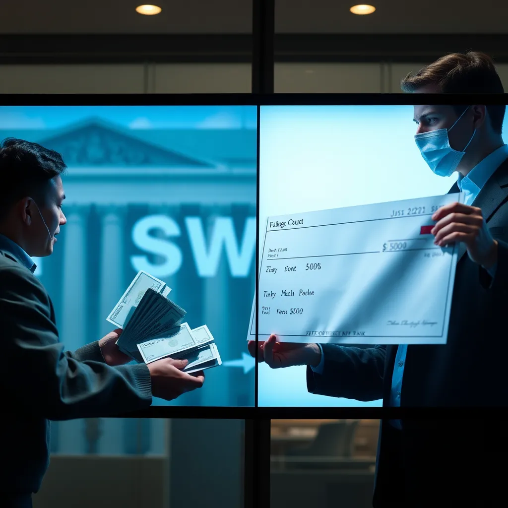 A split screen showing two contrasting scenarios: one side depicting a person receiving monthly payments from a bank, representing regular income from SWP; the other side showing a person receiving a large check, symbolizing a lump sum withdrawal for a significant purchase or investment.