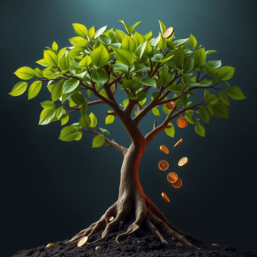 A stylized representation of a growing tree with its roots symbolizing the initial investment and branches representing growth.  The tree is also showing leaves with a steady stream of coins falling from them, representing regular withdrawals.