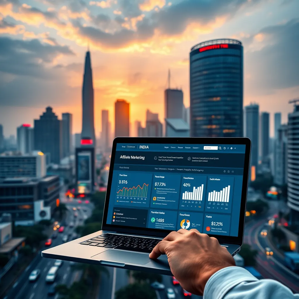 A vibrant, modern cityscape with skyscrapers and bustling streets, symbolizing the growth of the Indian economy. In the foreground, a person is holding a laptop with a website displaying affiliate marketing statistics and charts, representing the booming potential of the industry.