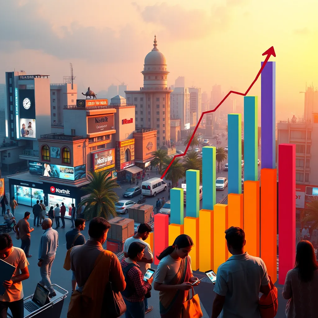 A vibrant cityscape of India, with people shopping online on their smartphones and laptops, alongside a large bar graph showing the rapid growth of affiliate marketing in India. The graph should be visually appealing, using bright colors and highlighting the significant increase in revenue.