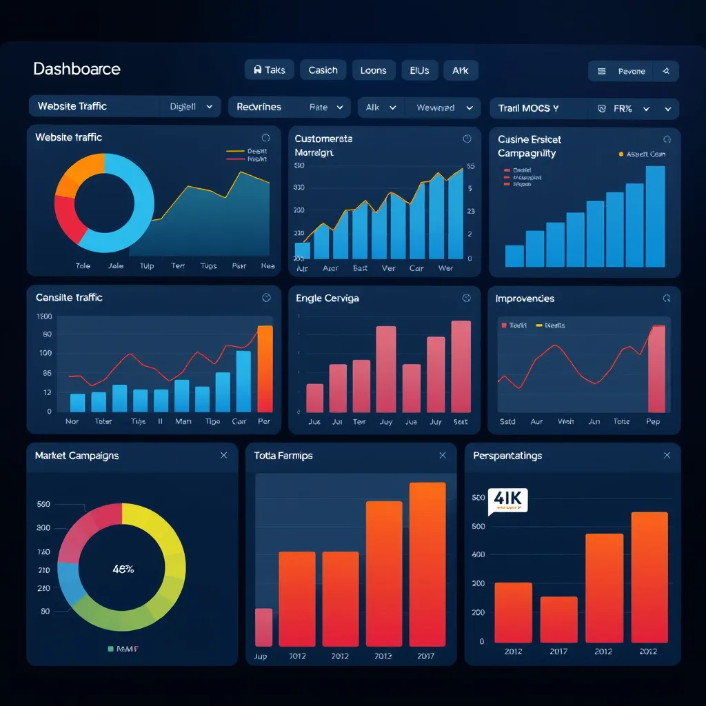  A clean and intuitive data visualization dashboard with charts and graphs showcasing website traffic, customer interactions, and marketing campaign performance. The dashboard should be visually appealing and provide insights into key areas for improvement.