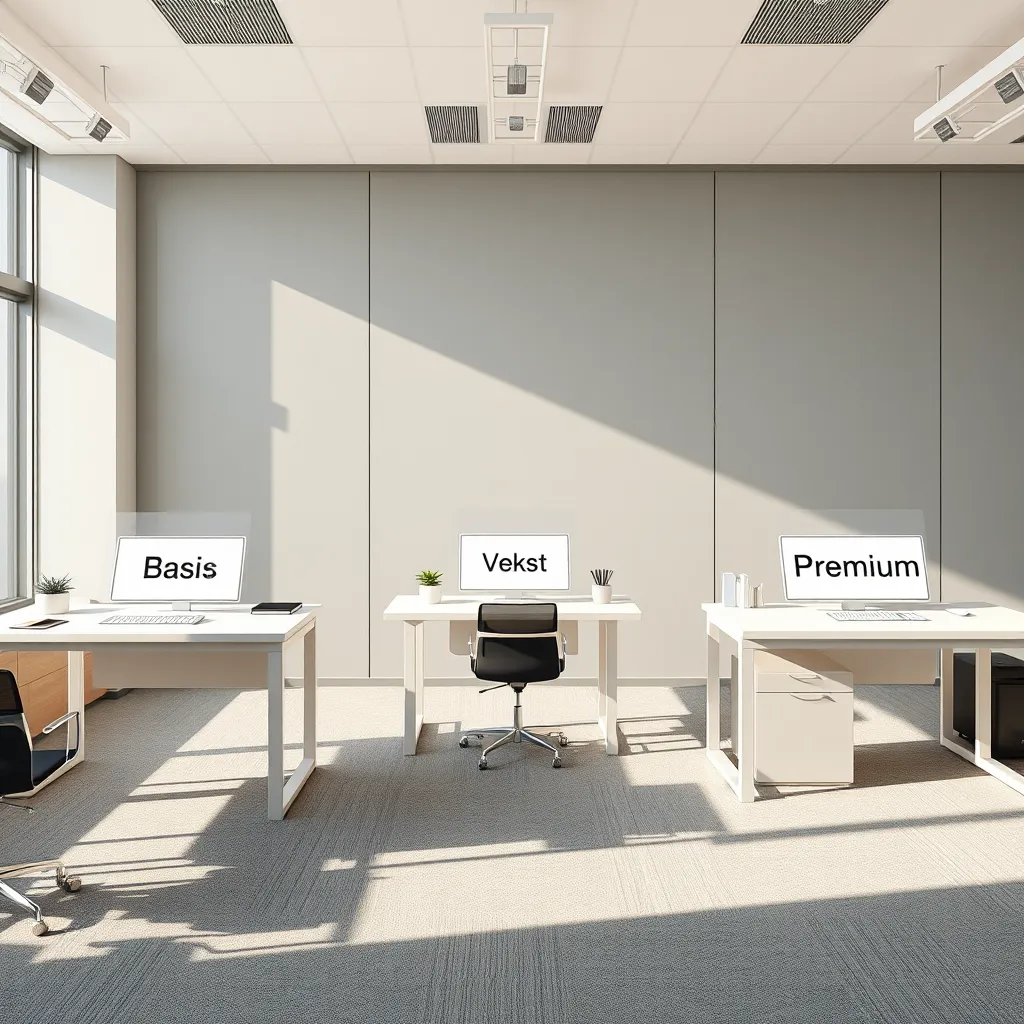 A clean and modern office space with three desks, each labeled with a different Oppstartpakke name: 'Basis', 'Vekst', and 'Premium'. The desks have different amenities and sizes, representing the different levels of service each package offers. The image should be bright and inviting, showcasing a sense of growth and opportunity.
