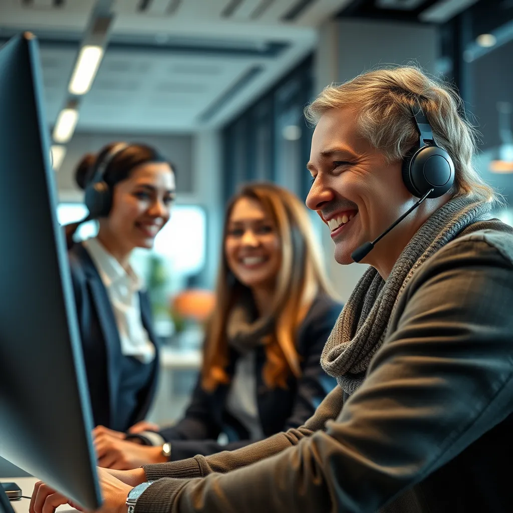 A close-up shot of a smiling customer service representative interacting with a happy customer in a modern and welcoming office environment. The image should convey a sense of trust, professionalism, and personalized attention.