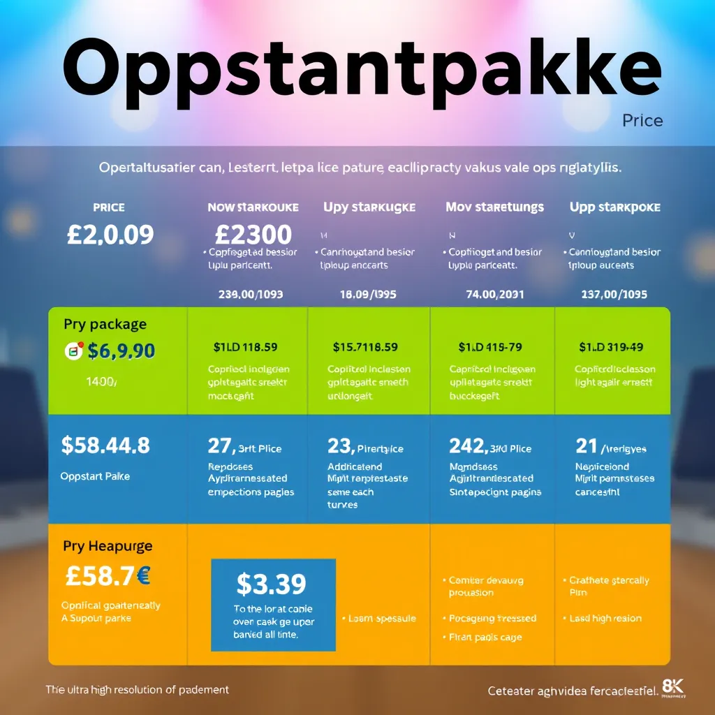 A colorful infographic showcasing the prices and key features of each Oppstartpakke. The infographic should be visually appealing, with clear and concise information, and use different colors to represent each package. The image should be dynamic and engaging, highlighting the value proposition of each package.