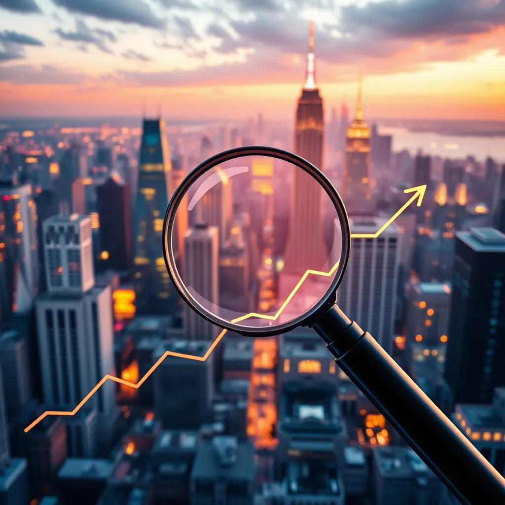 A graph showing business growth over time, with a magnifying glass highlighting a specific point on the graph. The background is a vibrant cityscape with buildings and skyscrapers.