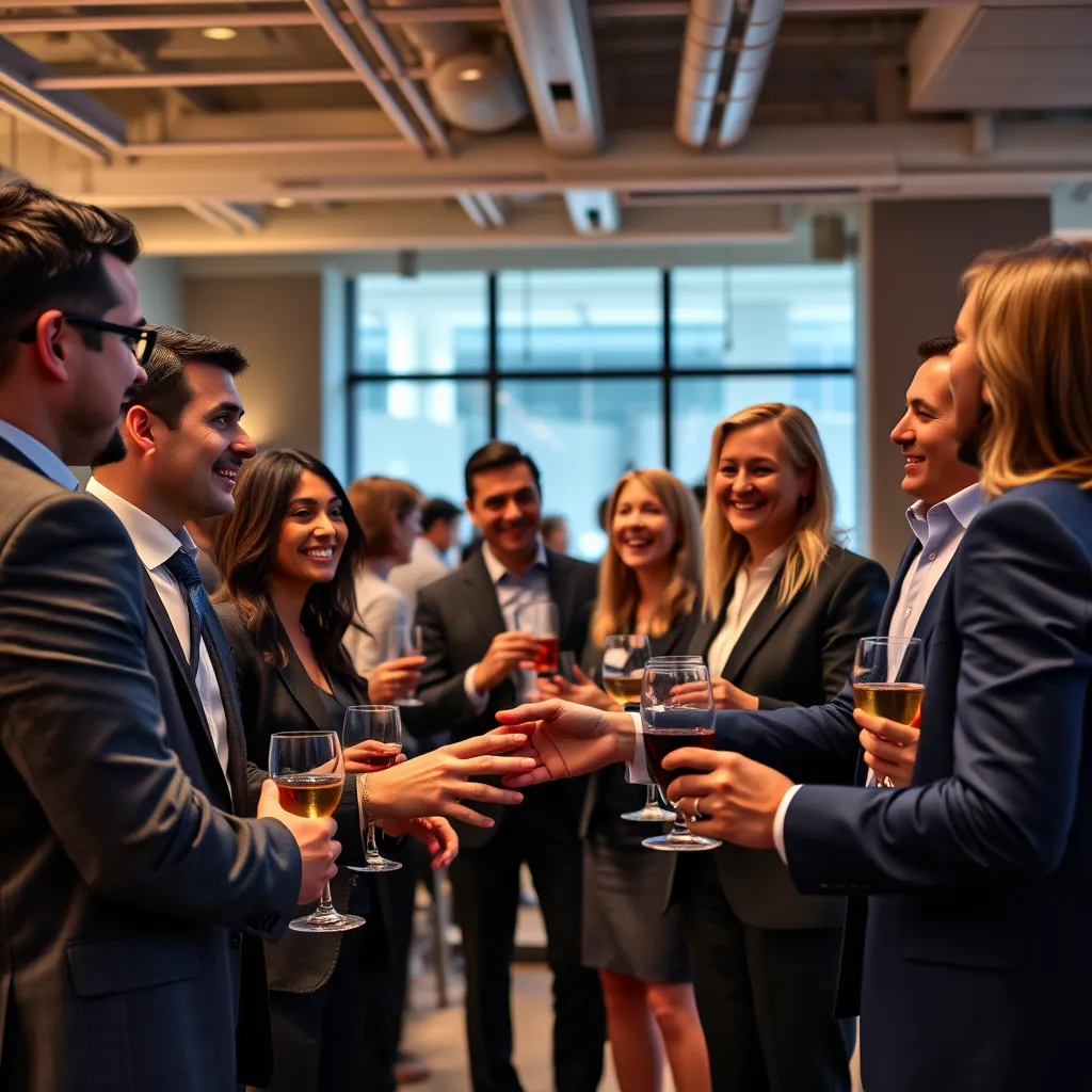 A group of business professionals networking at a cocktail party, smiling and shaking hands. The scene is a modern office space with a stylish bar and comfortable seating. There is a sense of connection and camaraderie in the air.