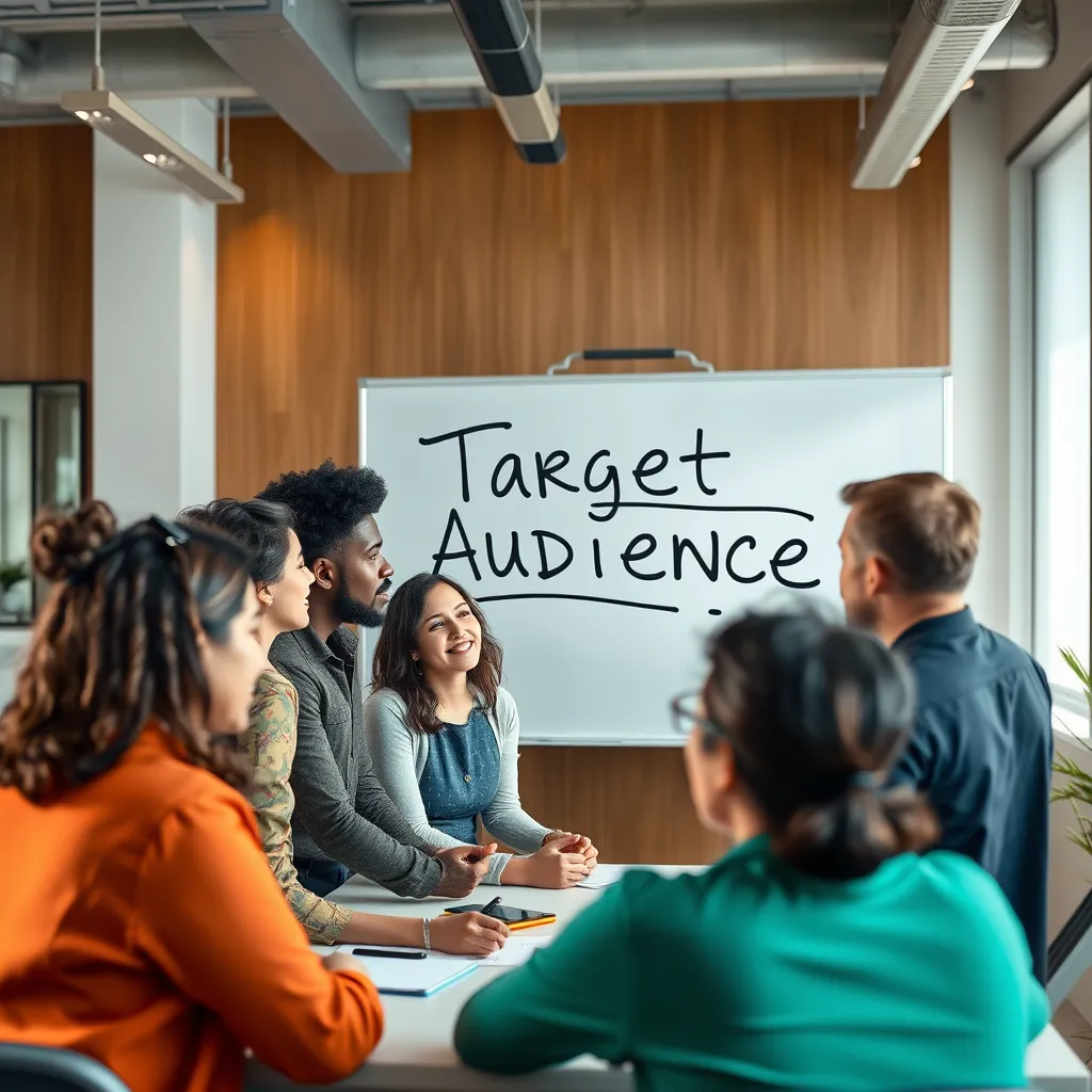 A group of diverse people in a business meeting, focusing on a whiteboard with the words "Target Audience" written in large letters. They are looking at the whiteboard and discussing ideas. The scene is bright and modern, with a sense of energy and collaboration.