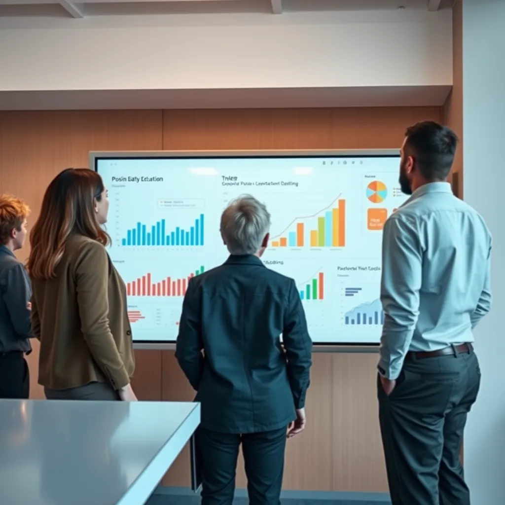 A group of people standing around a digital whiteboard, collaborating and discussing data visualizations. The whiteboard displays charts and graphs that show positive trends and growth. The team members are wearing casual business attire and look engaged in the discussion.