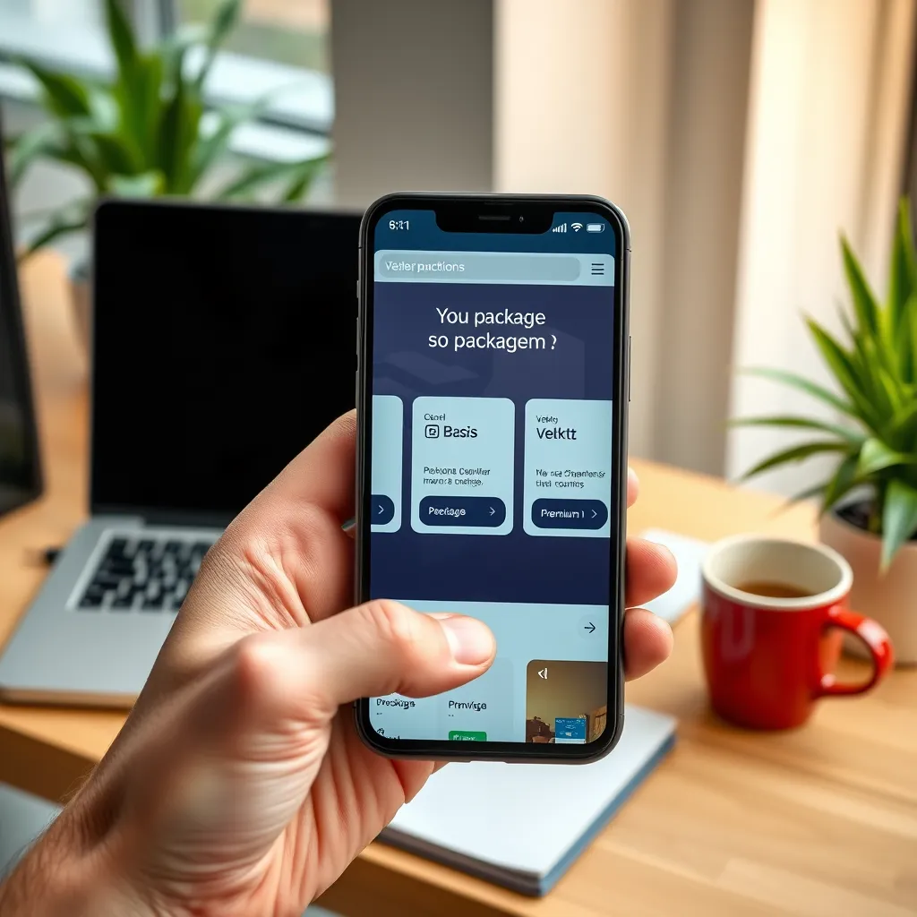 A hand holding a smartphone showing a website with three different package options labeled "Basis", "Vekst", and "Premium". The background is a modern office setting with a laptop, coffee cup, and plants.