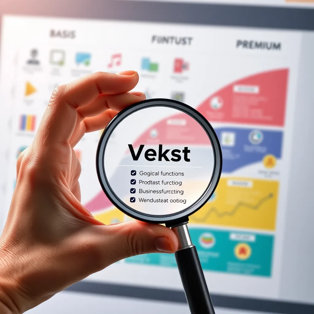 A hand holding up a magnifying glass over a colorful chart with different icons representing various business functions and features. The chart is split into three sections labeled 'Basis', 'Vekst', and 'Premium'. The magnifying glass is focused on the 'Vekst' section, highlighting its specific features.