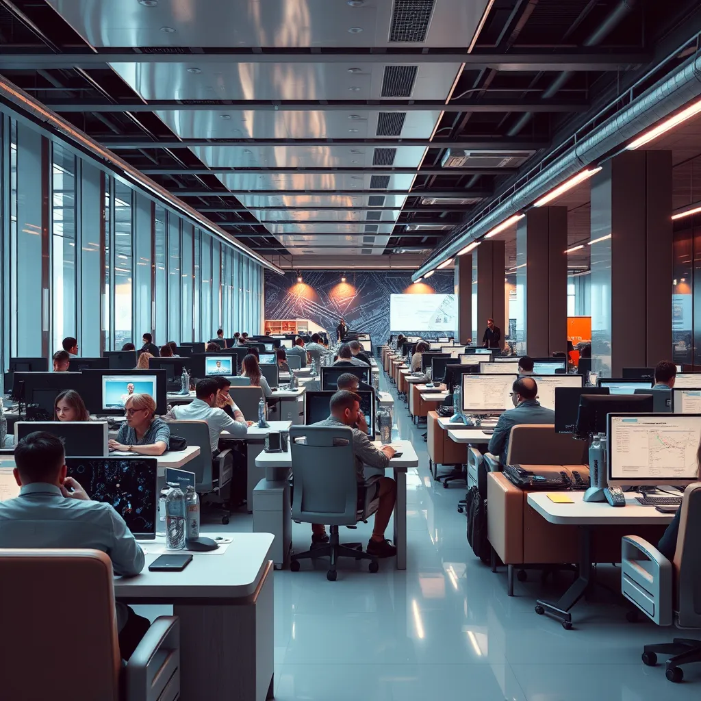 A large, modern office with a diverse team of people working on various tasks. The office has a futuristic feel with sleek furniture and advanced technology. The scene conveys a sense of energy and productivity, showing the team's ability to handle large workloads efficiently.