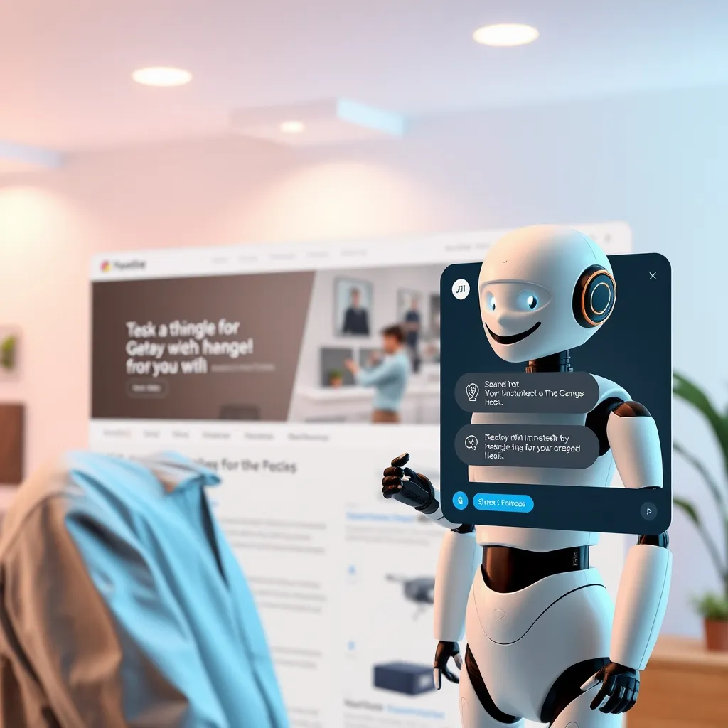 A modern, clean website with a chatbot window open on the right side. The chatbot is having a friendly conversation with a smiling customer. The website is showing relevant information and features. The overall atmosphere should be positive and helpful.