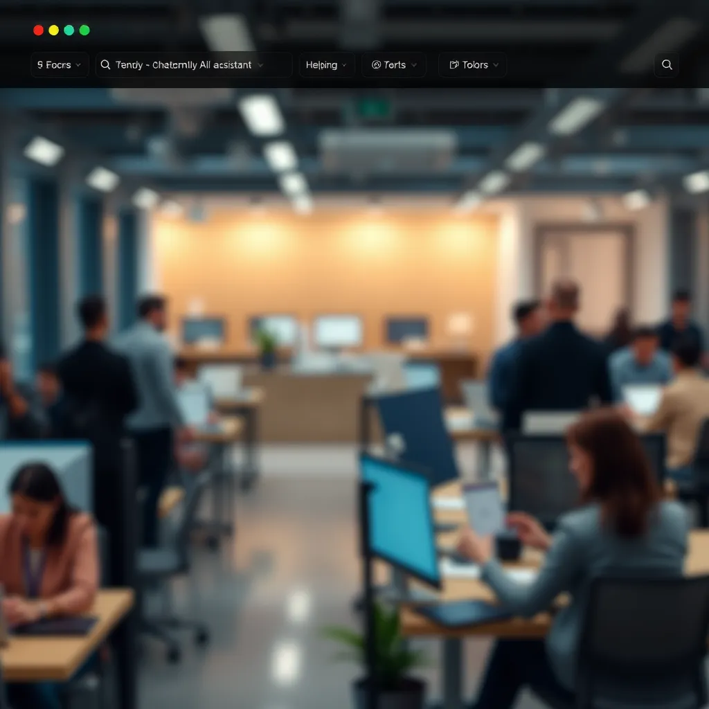  A modern, sleek website with a chatbot interface in the corner, visually representing a friendly, helpful AI assistant. The background could be a blurred image of a bustling office environment, symbolizing a busy startup.