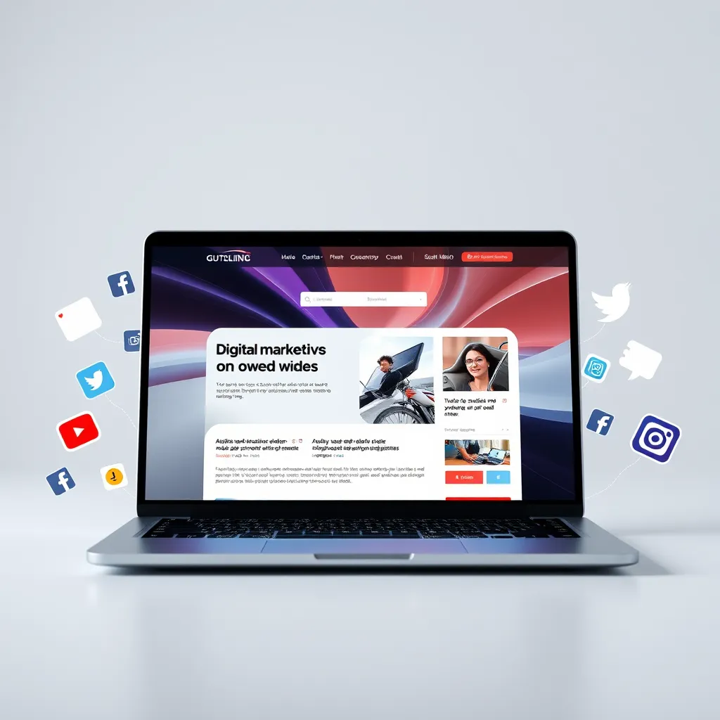 A modern and sleek laptop screen displaying a website with a dynamic and engaging design. The screen should be surrounded by various social media icons, showcasing the use of digital marketing channels to reach a wider audience.