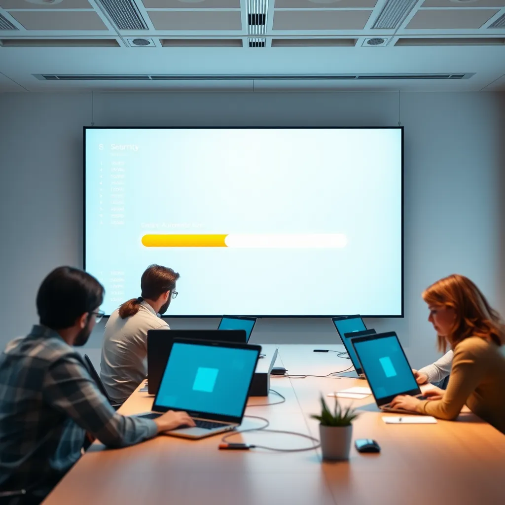 A modern office with a team of people working on laptops and a large screen displaying data. The screen shows a progress bar that is almost full, indicating efficiency and automation. The background is a clean, minimalist office with natural light.