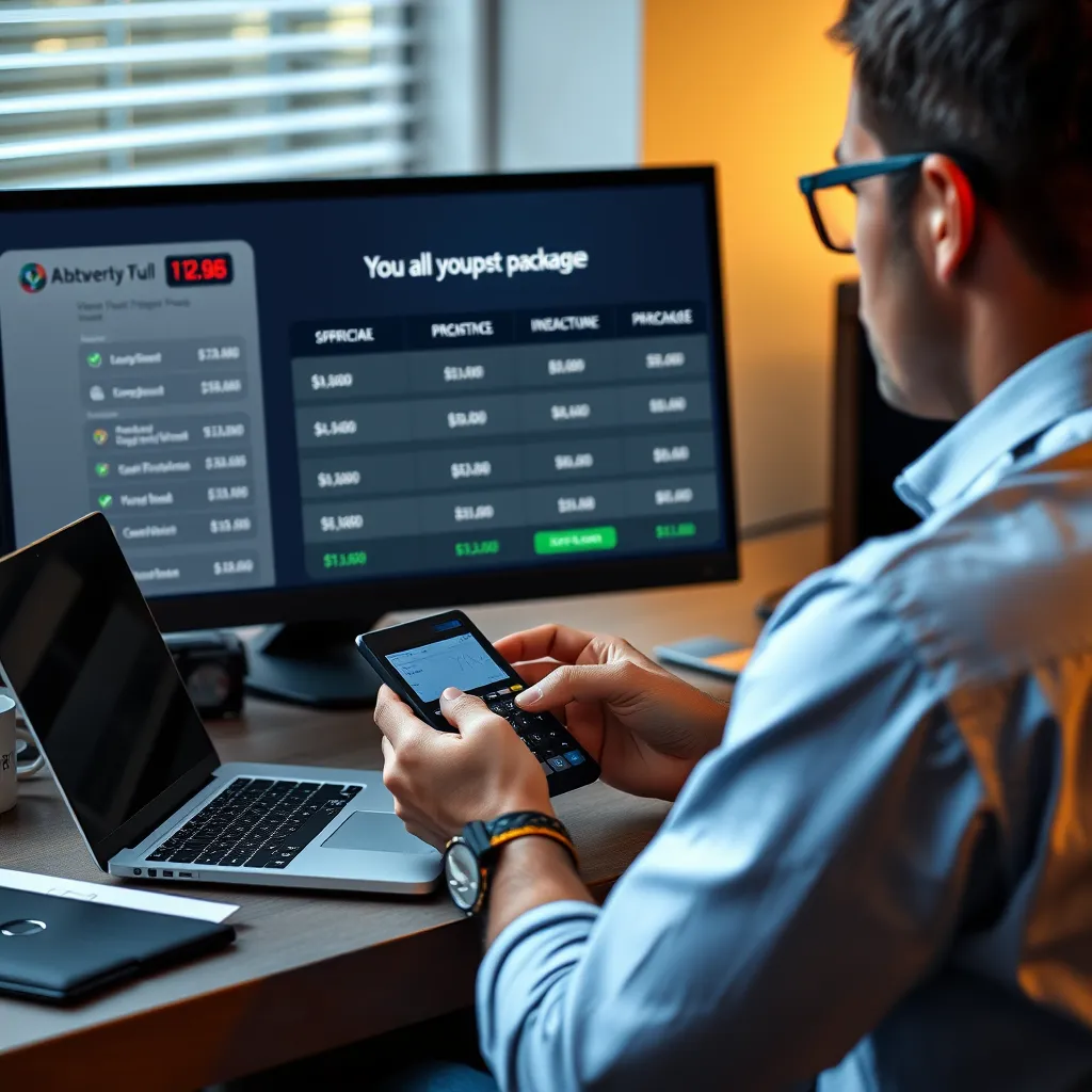 A person sitting at a desk, looking at a laptop screen. The screen displays a table comparing the prices of the three packages. The person is holding a calculator in their hand and is considering their budget.