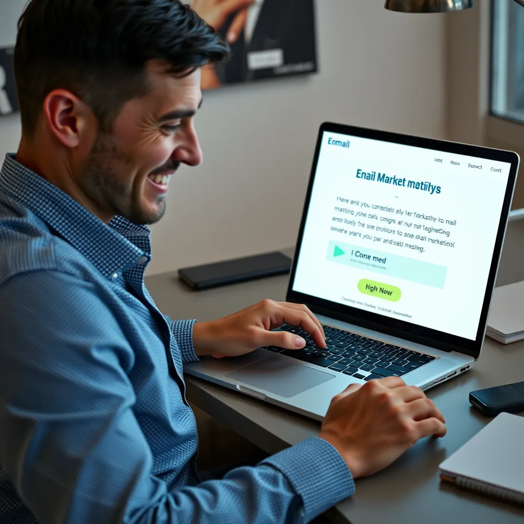 A person sitting at a desk with a laptop open, reviewing a professional email marketing campaign with a clear call to action. The email is designed to be visually appealing and informative, with a personalized message. The person is smiling and looking engaged.