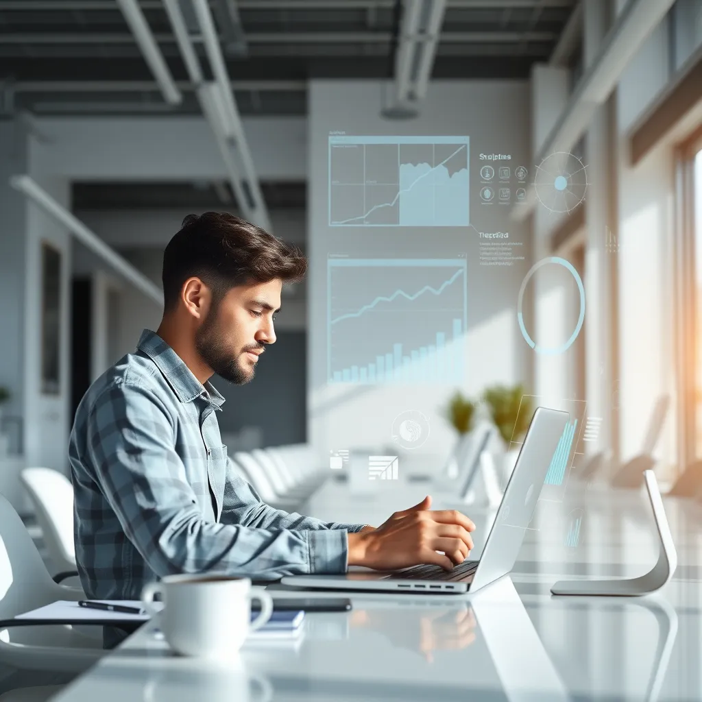 A person working on a laptop in a modern office, surrounded by digital tools and data visualizations. The background is a sleek and minimalist office environment with natural light.