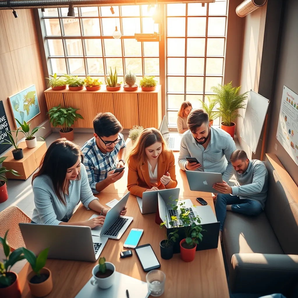 A photorealistic, ultra-high quality image of a modern office space with a vibrant, open layout. The image should feature a diverse group of people collaborating and using laptops, tablets, and smartphones. Sunlight streams through large windows, illuminating the space with a warm, inviting glow. The color palette should be a blend of bright, modern colors with accents of natural wood tones. The camera angle should be slightly elevated, capturing the dynamic energy of the workspace. The image should convey a sense of innovation, collaboration, and growth. Texture and material details should be highly realistic, emphasizing the sleek, modern design of the office furniture and equipment. Background elements could include plants, artwork, and a whiteboard filled with brainstorming notes. The overall style should be inspired by contemporary office design trends, with a focus on creating a visually stimulating and productive environment. Technical specifications: 8K resolution, hyperrealistic., ultra high resolution, photorealistic, 8K, hyperdetailed, cinematic lighting
