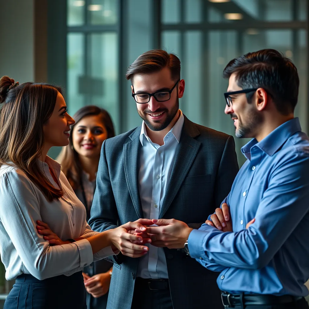 A photorealistic image of a business professional offering support to three entrepreneurs. The entrepreneurs represent different stages of business growth, and the professional is offering personalized support and guidance. The image should convey a sense of trust, expertise, and collaboration.